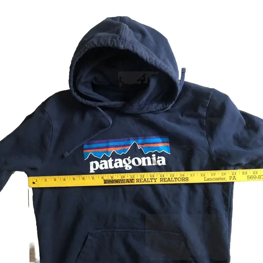 Patagonia P-6 Logo Uprisal Hoodie Sweatshirt Sz M Navy Blue Fitz Roy Thrashed